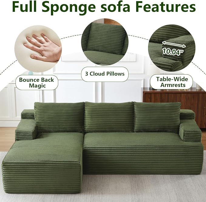 96" Modular Sectional Sofa, Modern Corduroy Cloud Couch, Boneless Couch Upholstered 3-Seater L-Shaped Sofa for Living Room, No Assembly Required (Green, Left-Facing Chaise)