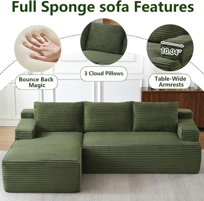 96" Modular Sectional Sofa, Modern Corduroy Cloud Couch, Boneless Couch Upholstered 3-Seater L-Shaped Sofa for Living Room, No Assembly Required (Green, Left-Facing Chaise)