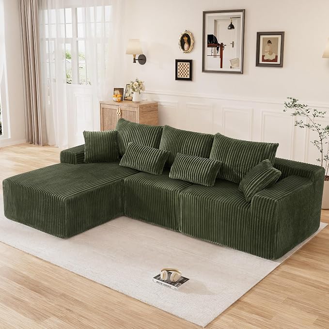 110" L Shaped Cloud Boneless Sectional Couches for Living Room, Modern Comfy Modular Deep Seat Memory Foam Compressed Corduroy Sofa Oversized Left Facing Chaise, No Assembly Required, Green