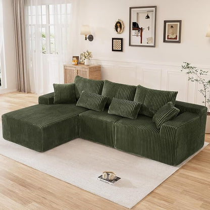 110" L Shaped Cloud Boneless Sectional Couches for Living Room, Modern Comfy Modular Deep Seat Memory Foam Compressed Corduroy Sofa Oversized Left Facing Chaise, No Assembly Required, Green