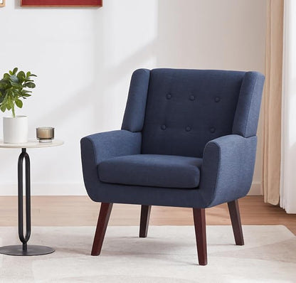 HUIMO Accent Chairs Set of 4, Upholstered Button Tufted Armchair, Linen Fabric Sofa Chairs for Bedroom, Living Room, Mid Century Modern Comfy Reading Chair (4, Dark Blue)