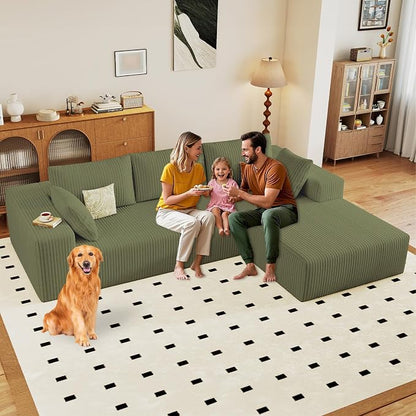 96" Modular Sectional Sofa, Modern Corduroy Cloud Couch with Deep Seat, Boneless Couch Upholstered 3-Seater L-Shaped Sofa for Living Room, No Assembly Required (Green, Right-Facing Chaise)
