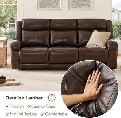 Watson & Whitely Genuine Leather Power Recliner Sofa, 3 Seater Wall Hugger Reclining Sofas with Power Headrest, USB & TypeC Ports, Electric Recliner Couch Set for Living Room, Dark Brown