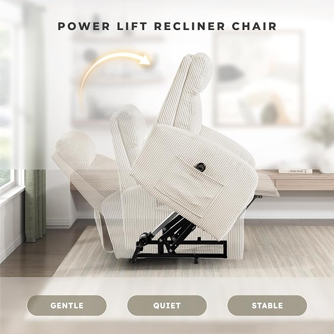 Lexicon Power Lift Recliner Chair for Elderly with Remote Control, Gentle Lift Motion, Side Pocket Armrest, Corduroy Upholstered Electric Recliner for Living Room/Bedroom, Easy Assembly, Beige