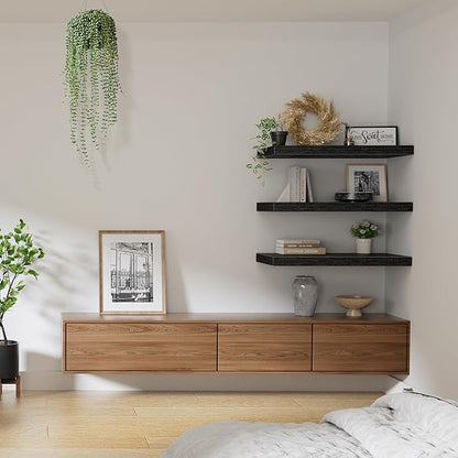 QEEIG 10" Deep Floating Shelves for Wall - 10 x 24 inch Book Shelf Bathroom Bedroom Kitchen Living Room Hanging Bookshelf Farmhouse Set of 3, Black (025-60B3)