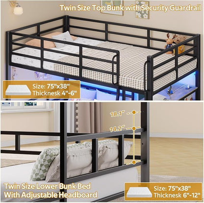 busyaeh Bunk Bed Twin Over Twin, 8 Drawer & 4 Shelve，15" H Safety Guardrail | Low Bunk Bed with LED Light,Metal L-Shaped Twin Bunk Bed with Charging Station,Floor Bunk Bed with Ladder,Bunk Bed,Oak Gray