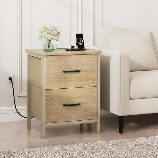 Vagusicc Nightstand with Charging Station, Bedside Table with USB Ports and Outlet, End Table Side Table with 2 Fabric Drawers for Bedroom, Living Room, Natural