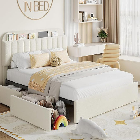 Garvee Full Size Bed Frame with 2 Flexible Drawers, Boucle Upholstered Platform Bed Frame with Bookcase Headboard, Bedframe for Kids/Girls, Easy Assembly, No Box Spring Needed, Noise Free, Beige