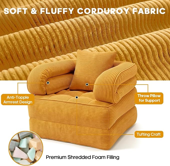 Folding Sofa Bed, Convertible Sleeper Chair with Armrests, Corduroy Foldable Boneless Bed, 3-in-1 Portable Futon Couch Floor Sofa with Pillow for Bedroom, Living Room, Orange