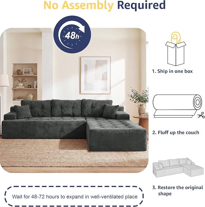 Hobestluk Modular Sectional Sofa Couches L-Shape Couch 3 Seat Modular Sofa Memory Foam Sectional Couches for Living Room, Cloud Couch (Charcoal Corduroy, 108", Right Hand Facing)
