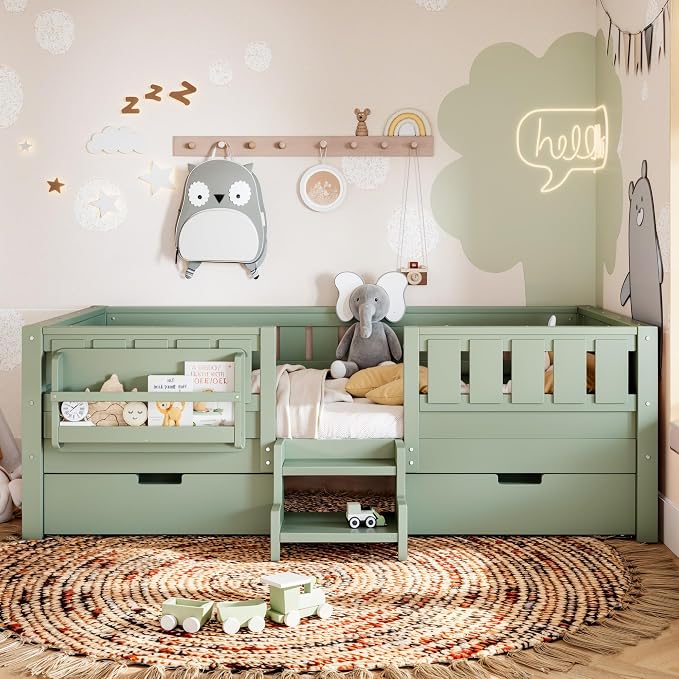 Bellemave Twin Montessori Bed with Stairs, Rails and Slats, Twin Size Montessori Floor Bed with Bookshelf and 2 Storage Drawers, Easy Assemble Beds Frame for Girls, Boys, Avocado Green