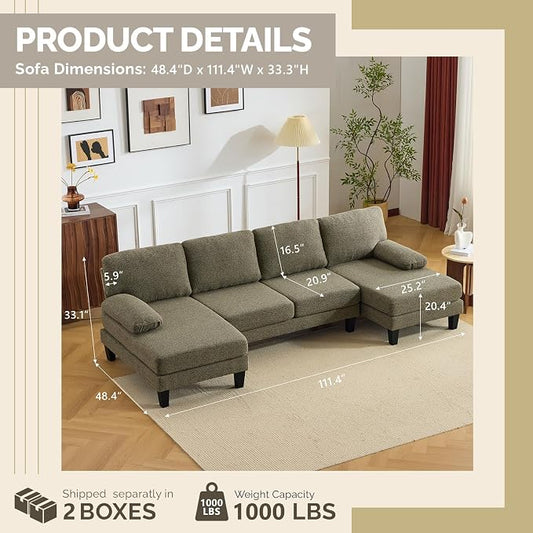 VINGLI 110' U-Shaped Sectional Couch with Two Chaise, Affordable Small Sofa with 4 Seats, Chenille Fabric Comfy Couches for Living Room, Khaki