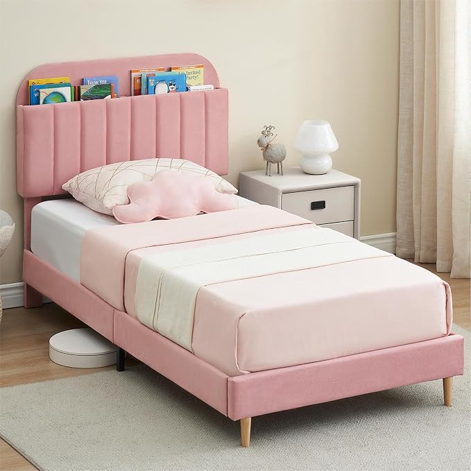 IDEALHOUSE Full Bed Frames, Upholstered Platform Bed Frame with Bookcase Headboard, Velvet Platform Bed Mattress Foundation, Heavy Duty Steel Support Legs, Easy Assembly, Noise Free, Light Pink