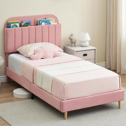 IDEALHOUSE Full Bed Frames, Upholstered Platform Bed Frame with Bookcase Headboard, Velvet Platform Bed Mattress Foundation, Heavy Duty Steel Support Legs, Easy Assembly, Noise Free, Light Pink