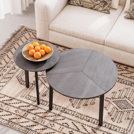COSIEST Small Coffee Table Set of 2, Round Coffee Table with Sturdy Metal Base, Nesting Coffee Table for Living Room, Bedroom, Office (Gray & Black)