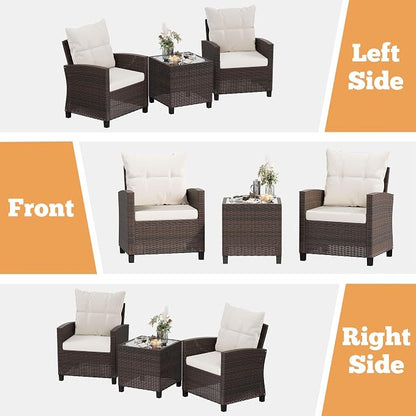 Shintenchi 3 Pieces Patio Furniture Set, PE Rattan Wicker 3 Pcs Patio Set, Outdoor Furniture Set with Two Outdoor Chairs and Table, Conversation Set for Garden, Poolside, Balcony, and Porch(Beige)