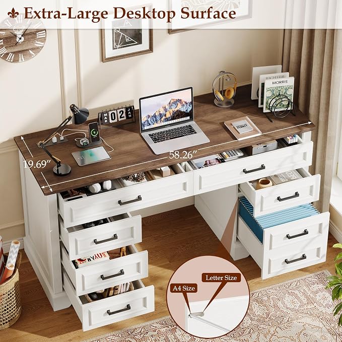58" Executive Desk with 7 Drawers, Large Computer Desk with Charging Station , Wood Home Office Desk with File Drawer for Letter/A4 Size Hanging Files for Home Office, Rustic White and Rustic Brown