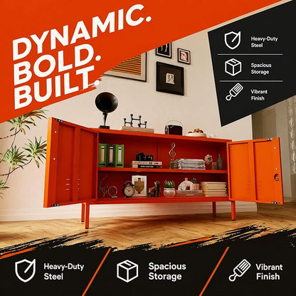 Wide Lockable Metal TV Stand with Accent Cabinet Locker, Heavy Duty Entertainment Center for Bedroom, Adjustable Shelves & 2 Doors, Multifunctional Storage Cabinet for Home 22"H X 35.4"W X 13.8"D