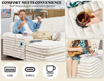 AMERLIFE 112 Inch U Shaped Couch, Oversized Couch with Storage Chaise & Cup Holders, Sectional Sofa with USB & Type-C Charging Ports, Faux Fur White Sofa