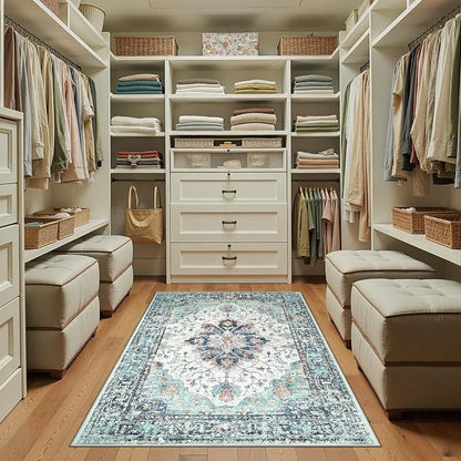 RELEANY Area Rugs 3'x5' Washable Non-Slip, Floral Vintage Distress Medallion Carpet for Living Room Bedroom Dining Room, Green Navy Blue White Red Teal