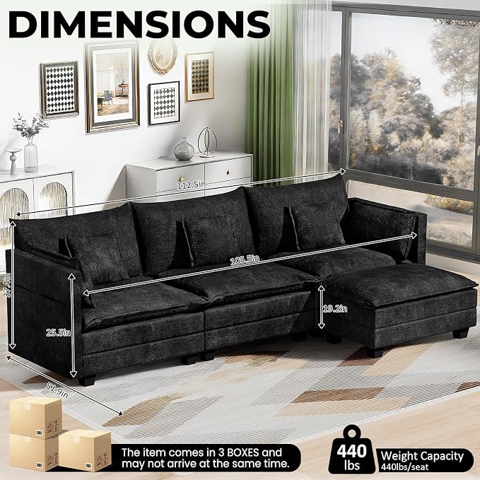 LEVELEVE 112.5" L-Shape Modular Sofa with 1 Ottomans, Deep Seat Cloud Convertible Sleeper, 3 Throw 2 Arm Pillows, Comfortable Upholstered Furniture for Living Room Apartment, Black
