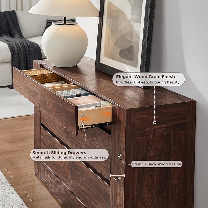 OKD 6 Drawer Dresser for Bedroom, 54" Wide Chest of Drawers with Thick Wood Design, Handleless, Modern Bedroom Dresser, Storage Organizer for Living Room/Entryway/Hallway, Dark Walnut
