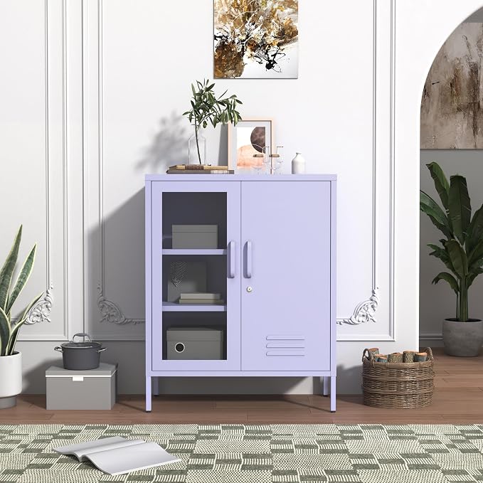 Metal Cabinet Metal Bathroom Storage Cabinet Metal Storage Cabinets with Glass Door and Adjustable Shelves Cabinet Storage for Coffee Bar for Homes, Living Rooms and Offices Purple 33''H