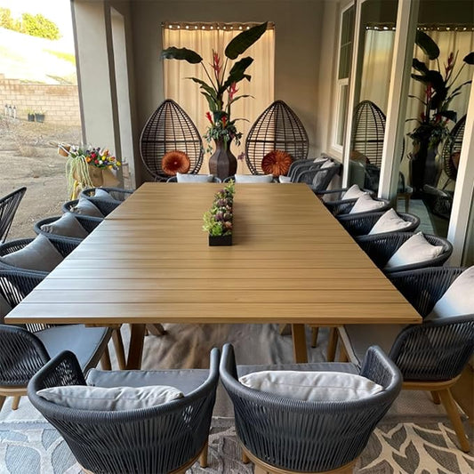 PURPLE LEAF 14 Pieces Patio Dining Set Wicker Outdoor Furniture Oversize Rectangular Table and Chairs Set for Garden Deck Teak-Finish Aluminum Frame Backyard Kitchen Set, Cushions and Pillows Included