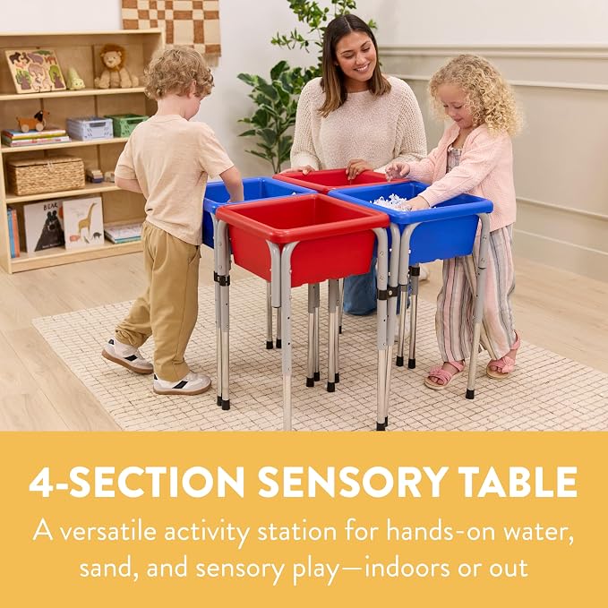 Back2School Express Adjustable Quad Sensory Tables with Lids, Children's Furniture, Blue/Red