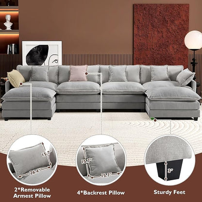 Ihanherry 146" U-Shaped Modern Sofa Modular Sectional Cloud Couch with 2 Ottoman, 6-Seat Chenille Deep Seat Sofa with 6 Pillows for Living Room, Bedroom and Apartment, Grey