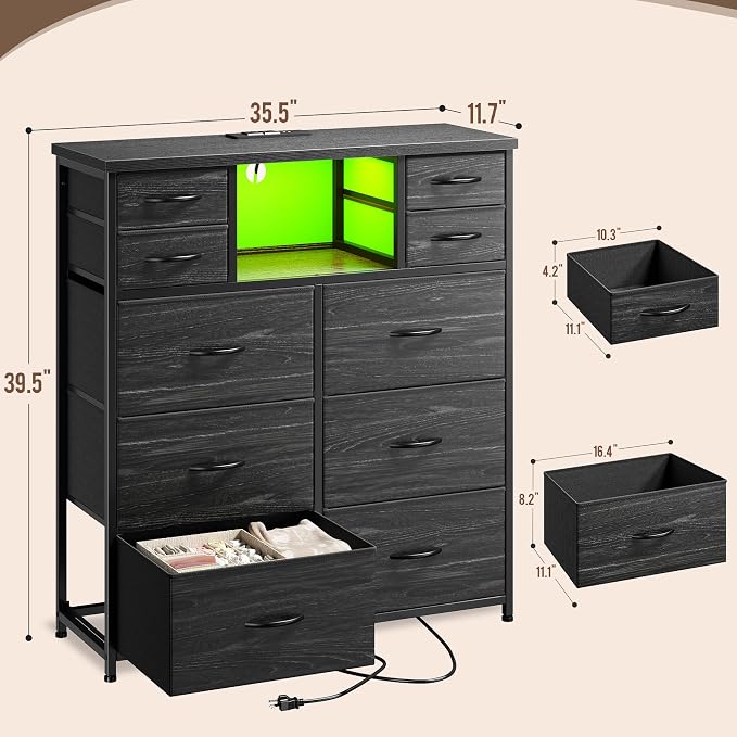 Romorgniz Black Dresser for Bedroom with LED Lights & Power Outlets 2 AC & 2 USB, Fabric 10 Drawer Dressers & Chest of Drawers with Open Shelves for Hallway Living Room Closet, Metal Frame, Wood Top