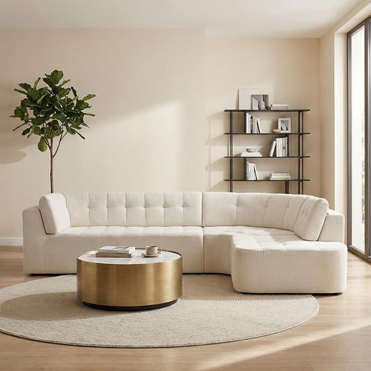119'' Sectional Sofa, Curved L-Style Right-Hand Facing Couch with Fully Upholstered Arms, Tufted Design, Modern Minimalist Look, Beige