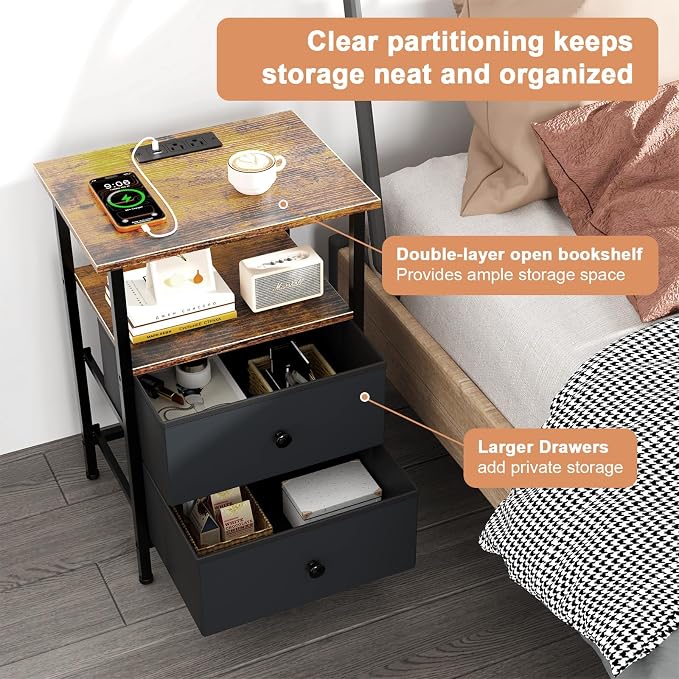 Nightstand with Charging Station, Bedside End Table with 2 Fabric Drawers for Bedroom, Side Table with USB Ports and Outlets (Brown Black)