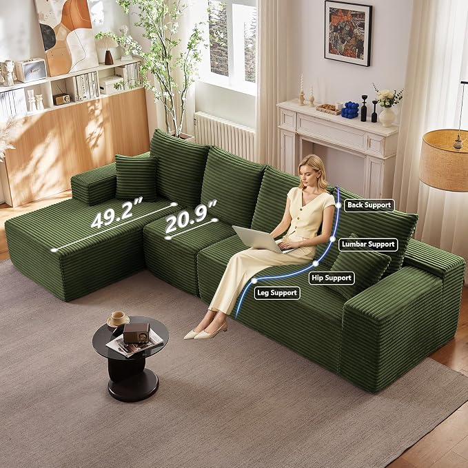 135" Cloud Sectional Couch with L-Shape Chaise, Modern Modular Comfy Sofa with Deep Seat, Upholstered Corduroy Couches Sleeper Chaise Longue for Living Room Bedroom, No Assembly Required, Green
