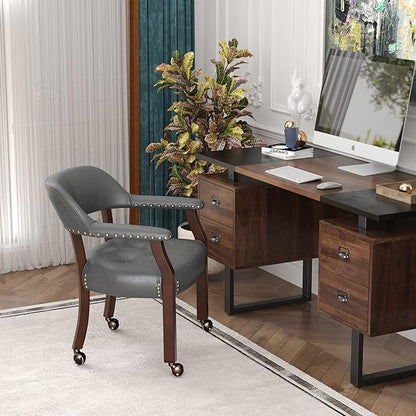 LEEMTORIG Dining Chairs with Casters and Arms, Upholstered Rolling Dining Chairs with Wheels for Elderly, Ergonomic Wide Seat Wooden Office Chair, 26"Dx25.2"W, Cherry Legs&Dark Grey Fabric SY-1533-GY