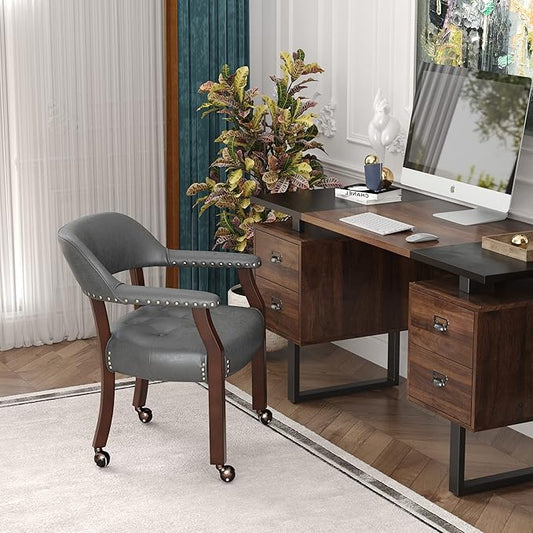 LEEMTORIG Dining Chairs with Casters and Arms, Upholstered Rolling Dining Chairs with Wheels for Elderly, Ergonomic Wide Seat Wooden Office Chair, 26"Dx25.2"W, Cherry Legs&Dark Grey Fabric SY-1533-GY