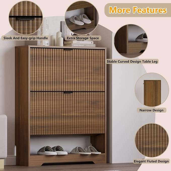 BORNOON Shoe Cabinet with 2 Flip Drawers, Fluted Shoe Storage Cabinet with Adjustable Shelves, Freestanding Rack and Organizer for Entryway, Closet, Hallway