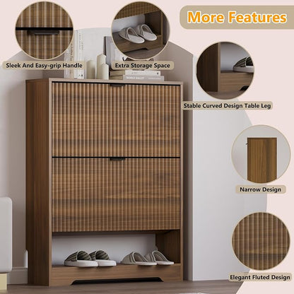 BORNOON Shoe Cabinet with 2 Flip Drawers, Fluted Shoe Storage Cabinet with Adjustable Shelves, Freestanding Rack and Organizer for Entryway, Closet, Hallway