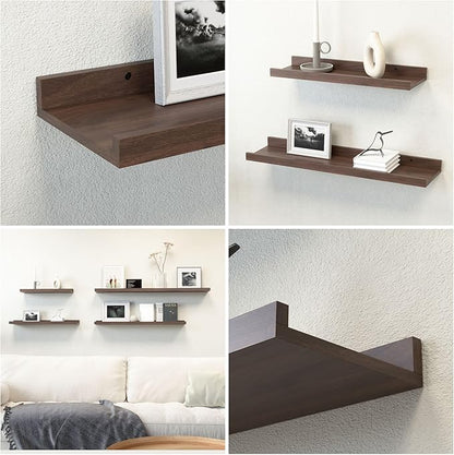 Boswillon Floating Shelves Set of 2, Farmhouse Wall Shelves with Lip, Display Picture Ledge Shelf for Bedroom, Living Room, Bathroom, Kitchen - Walnut