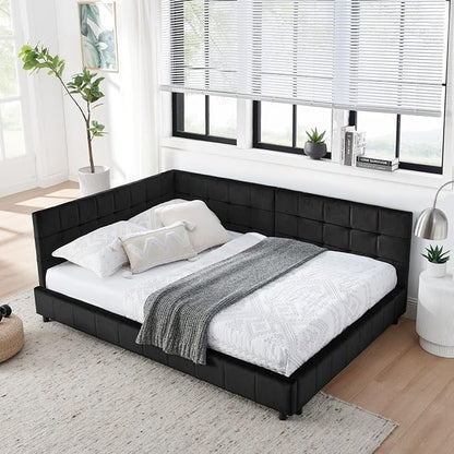 KEIKI Full Size L Shape Corner Bed Frames with Backrest and Armrests, Velvet Upholstered Sofa Daybed for Small Room, Living Room, Bedroom, Guest Room, Kids' Room