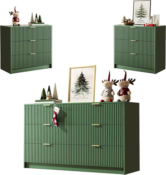 MAISONARIA 3-Piece Dresser Bedroom Set, 6 Drawer Dresser & 3 Drawer Nightstands with Gold Handles, Fluted Wood Chest of Drawers for Bedroom, Living Room, Entryway, Green