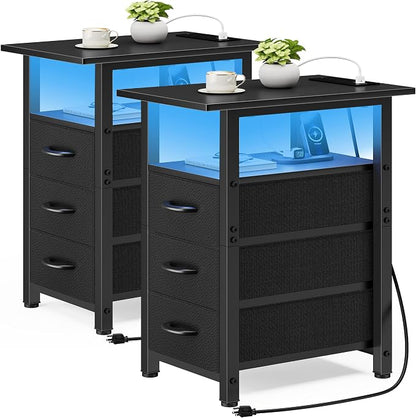 Vagusicc Set of 2 Black Nightstand with Charging Station and LED Lights, Narrow End Table, LED Night Stand with 3 Fabric Drawers for Bedroom, Small Bedside Table, Narrow Side Table for Small Spaces