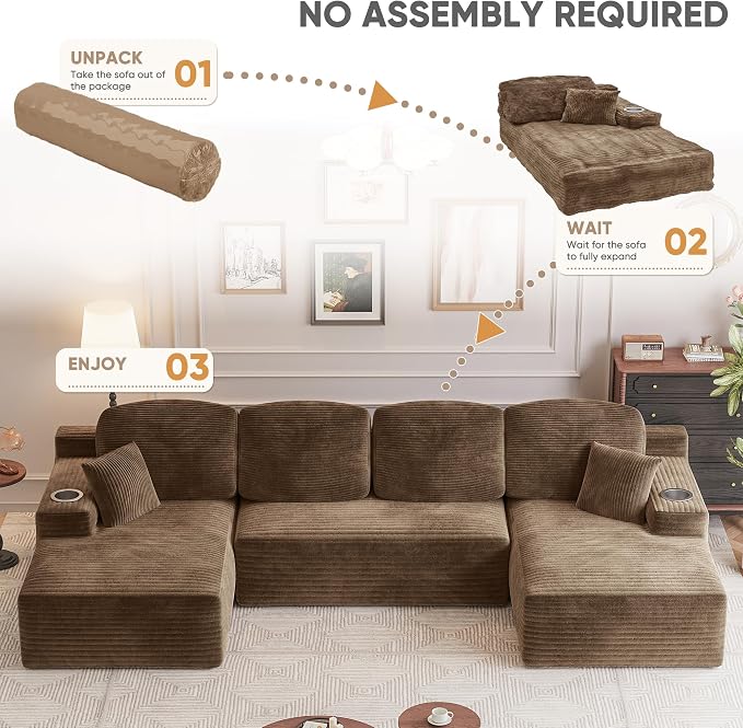 Homall 142" Boneless Couch, Modular Sectional Sofa, No Assembly Required, Memory Foam Filling, Corduroy U-Shaped Sofa, Movable Multi-Person Couch for Living Room (Brown)