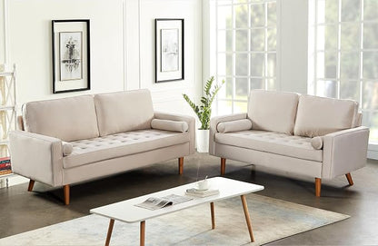 Container Furniture Direct Womble 70 Inch Velvet Sofa with Elegant Button Tufted Upholstery, Square Arms, Splayed Wood Legs, Includes Matching Bolster Pillows, Beige