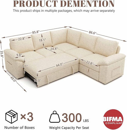 85 Inch Modular Sectional Sofa with Pull Out Bed, L Shaped 5 Seat Sectional Sleeper Sofa with Storage, Sectional Couches for Living Room, Cloud Modular Couch, Removable Sofa Cover, Beige