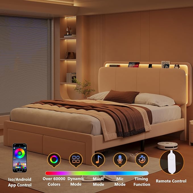Feonase Full Upholstered Bed Frame with Headboard and 2 Storage Drawers, Built-in Charging Station, Velvet Platform LED Bed with Solid Wood Slat Support, No Box Spring Needed, Beige