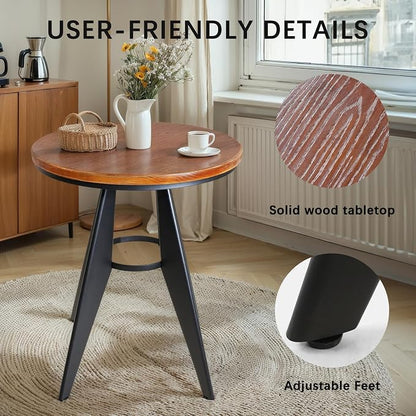 Round Cafe Table - 23.62" Pine Wood Top, Metal Frame, 28.15" High, Modern Industrial Dining Table for Kitchen, Home Office, Bistro, Compact for Space Saving, Black Base Brown Top