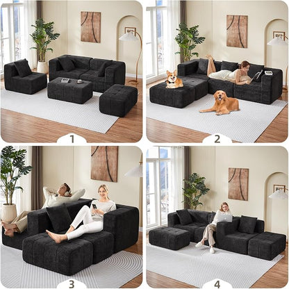 Modular Sectional Sofa with Deep Seat, 98'' Boneless Cloud Couch No Assembly Required, Modern Plush Corduroy Cloud Couches for Living Room & Apartment (3 Seat w/ 2 Ottoman), Black