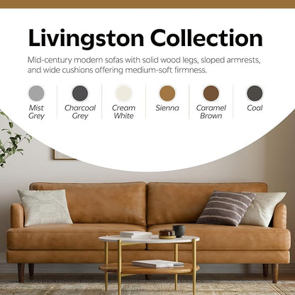 SIMPLIHOME Livingston 90-inch Wide Sofa in Sienna Top Grain Genuine Leather, Handcrafted Mid-Century Modern Couch for Living Room, Large 3-Seater with Feather-Wrapped Cushions and Solid Wood Frame