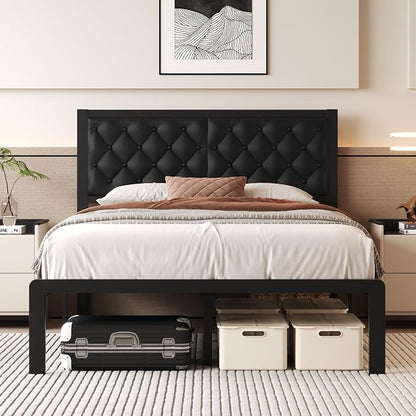 Fluest Full Bed Frame with Headboard PU Leather Upholstered Bed Frame Platform,All Metal Slats Support Platform Bed Frame with Storage Space,Easy Assembly,Noise Free,No Box Spring Needed,Black